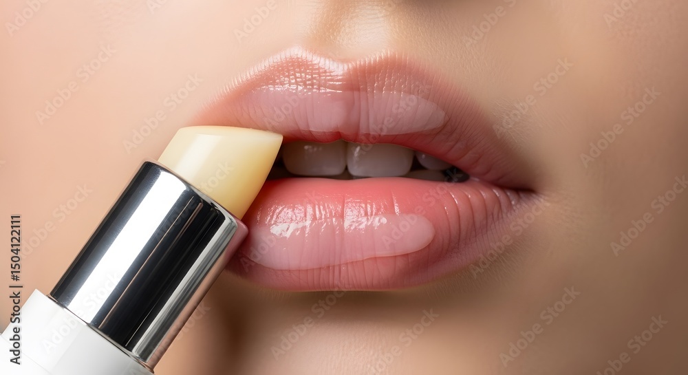 Obraz premium Soft Lips, Gentle Care: Hydration and Protection with Lip Balm, a Moment of Self-Care and Beauty for Healthy and Radiant Smile Everyday, close-up.