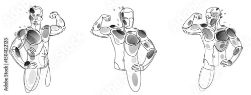 Athletic man torso vector linear illustrations set, male beauty with perfect muscular fit body posing, artistic drawings of fitness model.