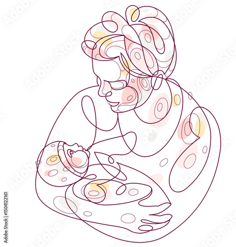 Grandmother and baby child grandson or granddaughter vector linear illustration isolated, grandma holding baby showing love and care.