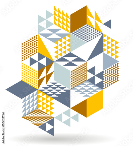 Black and yellow geometric vector abstract background with cubes and shapes, isometric 3D abstraction art displaying city buildings forms look like, op art optical illusion.