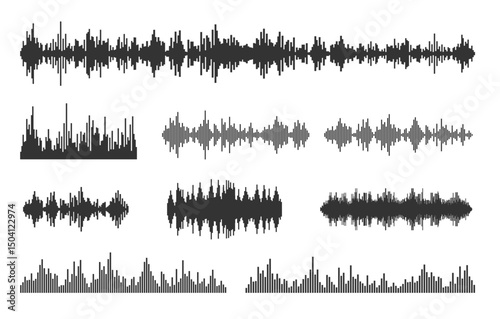 Sound wave vector graphic elements - Set of simple audio and music waves in black on white background