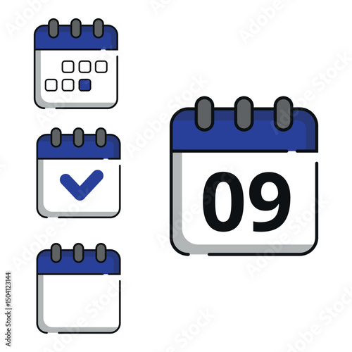 Vector illustration of calendar icons in blue color for websites and graphic resources. Calendar with specific day marked, day 09.