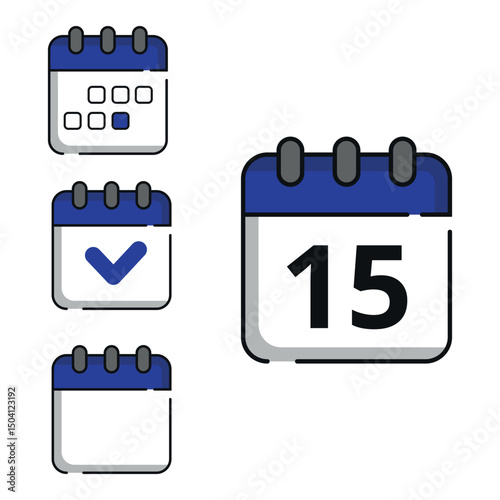 Vector illustration of calendar icons in blue color for websites and graphic resources. Calendar with specific day marked, day 15.