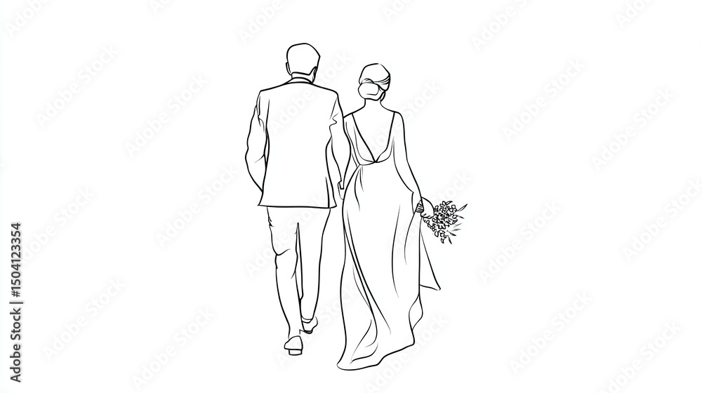 Obraz premium Simple line art drawing of the bride and groom walking away from the camera, white background
