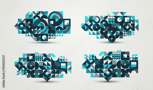 Abstract geometric design composition set, vector art wallpaper or background, geometry rectangular and circles graphics, stylish pattern collection.