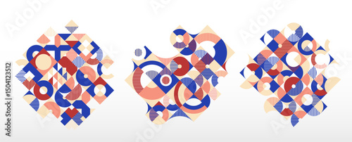 Abstract geometric design composition set, vector art wallpaper or background, geometry rectangular and circles graphics, stylish pattern collection.