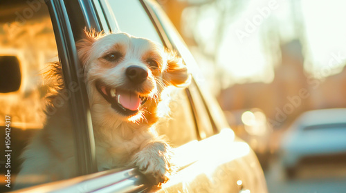 Happy dog enjoying a car ride with head out window during sunny day adventure photo