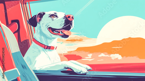 Happy dog enjoying a car ride with head out window during sunny day adventure photo