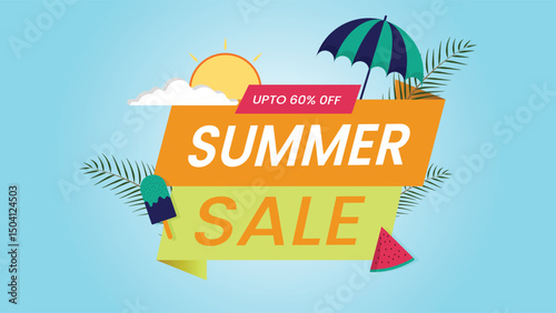 Colorful summer sale design with bold text umbrella ice cream leaves and fruit slice on sky blue background ideal for seasonal promotions and discount campaigns