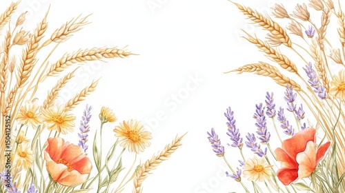 A charming countryside watercolor illustration of a rectangular frame featuring sun-kissed wildflowers, golden wheat, and soft lavender sprigs, reminiscent of a warm summer meadow,