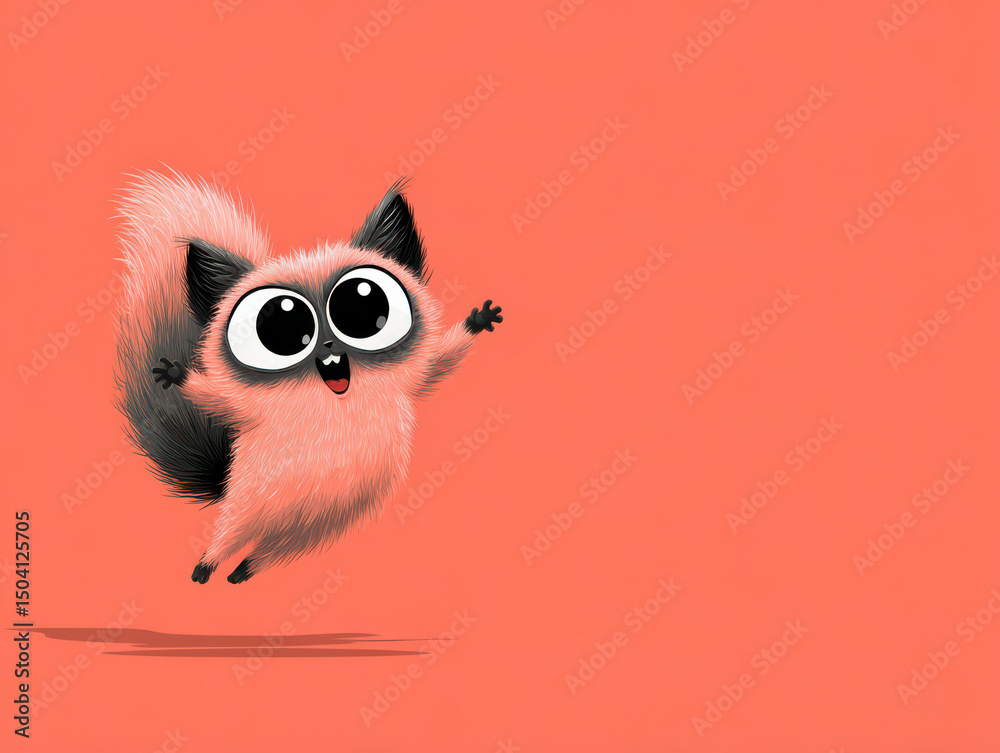 Obraz premium Whimsical Squirrel's Joyful Leap: A delightful, cartoonish squirrel, with endearing eyes and fluffy fur, springs with glee against a vibrant, solid background, exuding pure cheerfulness.