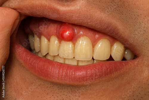 Close-Up of Dental Abscess on Upper Gum Above Teeth Showing Inflammation and Infection in Human Mouth