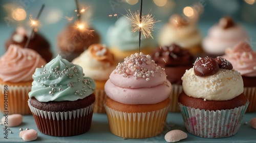 Cupcakes with colorful frosting and sparklers create a festive atmosphere for a celebration at a cozy setting