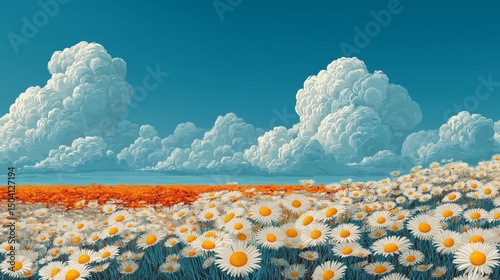 Colorful field of daisies under a bright blue sky with clouds on a sunny day in spring