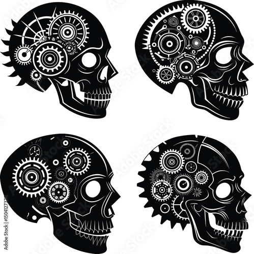 Four steampunk skull head silhouette illustrations with gears and cogwheels