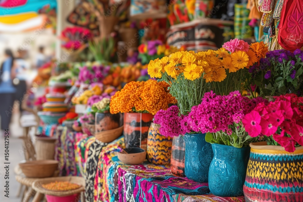 Fototapeta premium Vibrant market filled with colorful flowers textiles and handcrafted goods during a sunny afternoon