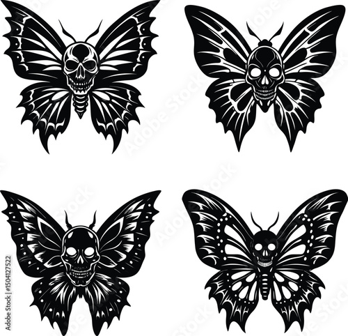 Four black and white skull butterfly illustrations for tattoos or graphic design