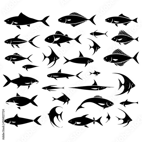 Collection of Black Silhouette Fish and Sharks. Stylized set of Fish Silhouettes for Marine and Aquatic Themes. 