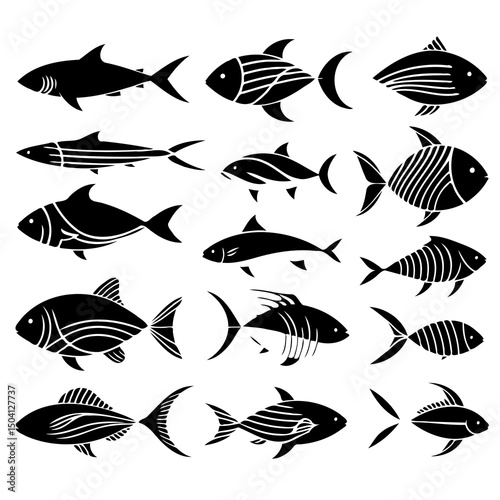 Collection of Black Silhouette Fish and Sharks. Stylized set of Fish Silhouettes for Marine and Aquatic Themes. 