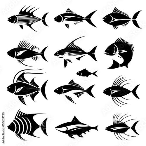 Collection of Black Silhouette Fish and Sharks. Stylized set of Fish Silhouettes for Marine and Aquatic Themes. 