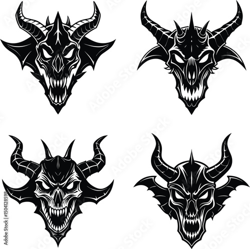 Black and white demon skull collection featuring horns and sharp teeth