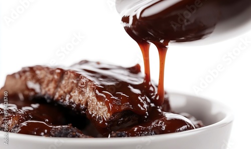 Smoky barbecue sauce dripping off a half-arch grill into a bowl, isolated on a white background. Detailed, natural lighting, sharp focus, high-resolution photography. 