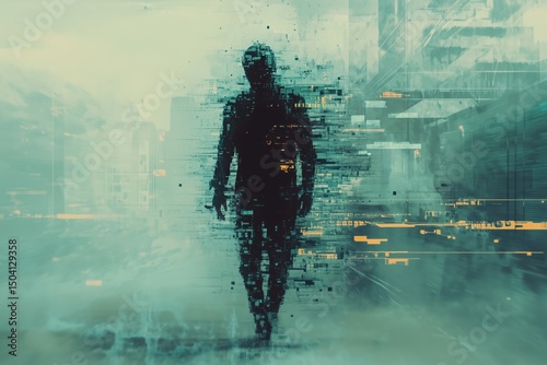 Ghost haunting a network with distorted visuals in an urban setting at twilight