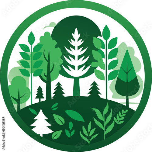 Vibrant green forest ecosystem illustration featuring diverse trees and plants in a circular design