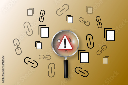 Document scam and unsafe link detection with magnifying glass on alert sign, symbolizing internet threats, suspicious hyperlinks, and file safety analysis.

