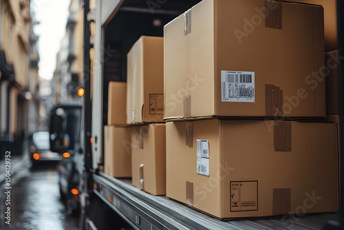 Cardboard boxes being loaded onto a delivery truck photo