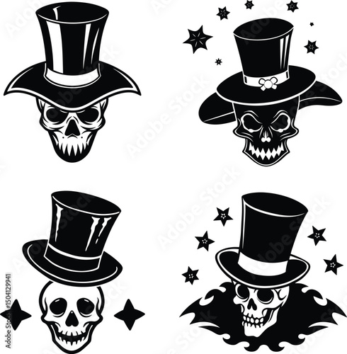 Black and white skull collection wearing top hats with stars design set