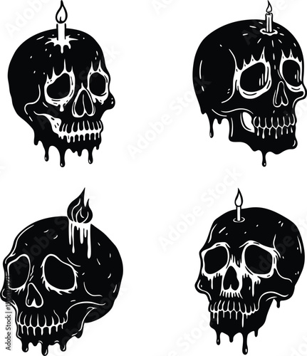 Set of black skulls with dripping wax and candles illustration