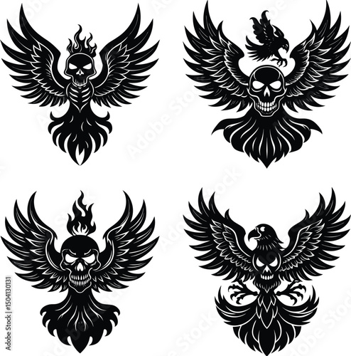 Collection of skull eagle and phoenix graphic design elements