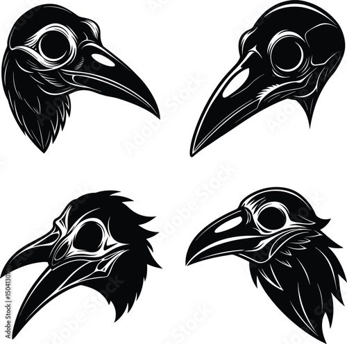 Illustration of four different black raven heads on white background