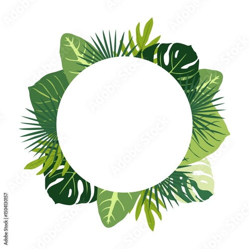 Round white banner with tropical leaves. Vector illustration