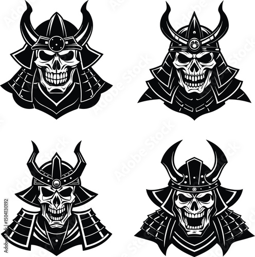 Collection of four black and white samurai skull warriors helmets