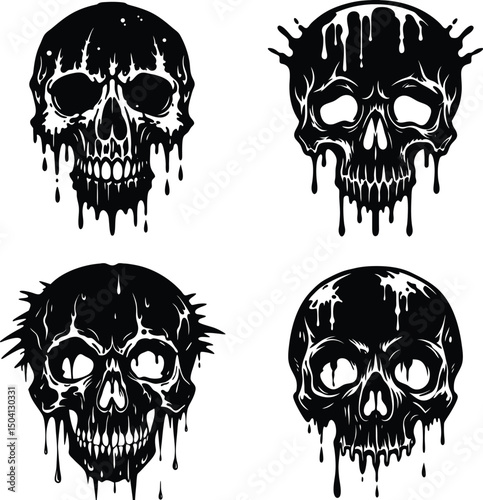 Creepy black and white skulls with dripping ink style set