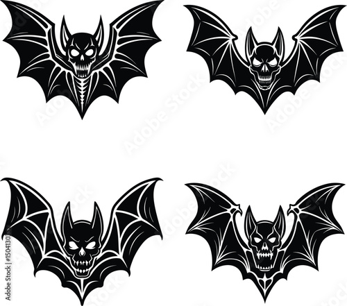 Black and white illustration of bat skulls with wings for halloween designs