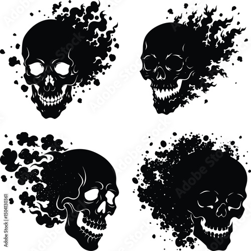 Set of spooky skulls in black with evolving smoke for halloween design