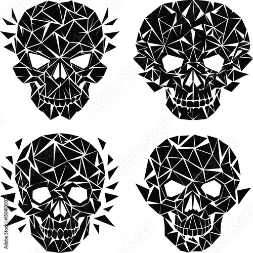 Polygonal skull pattern illustration of geometric skulls in black and white