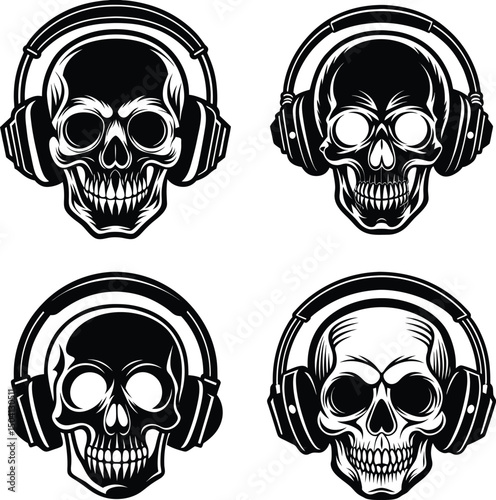 Monochrome skull heads with headphones illustration for music or halloween themes