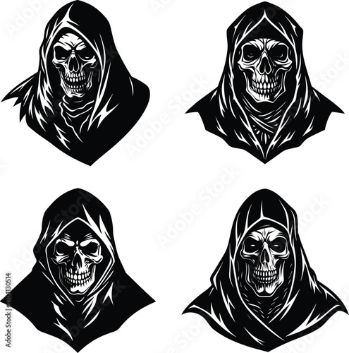 Black and white grim reaper skull set wearing hooded cloak graphic illustration