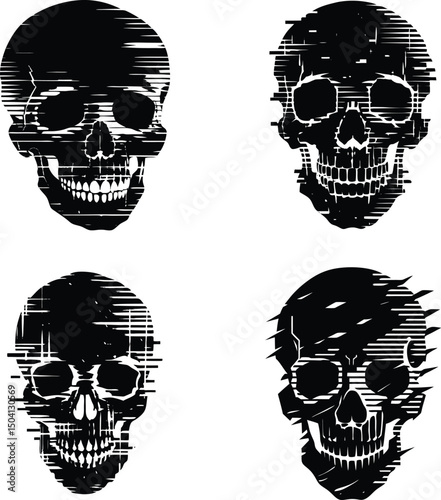 Black and white distorted skulls graphic illustration for halloween design element