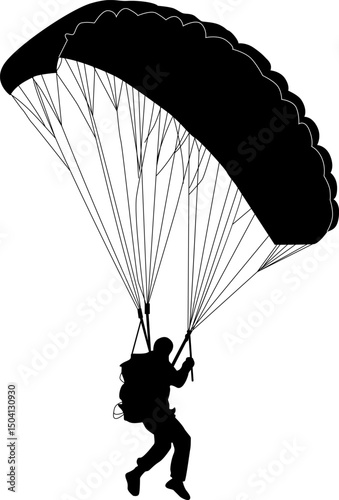 Black silhouette of a skydiver under a large parachute during descent. A simple graphic illustration of a thrilling extreme sport.