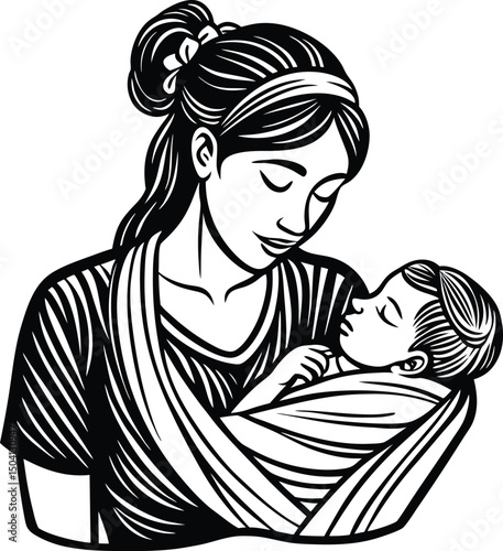 Black and white illustration of a mother gently holding her sleeping baby in a wrap
