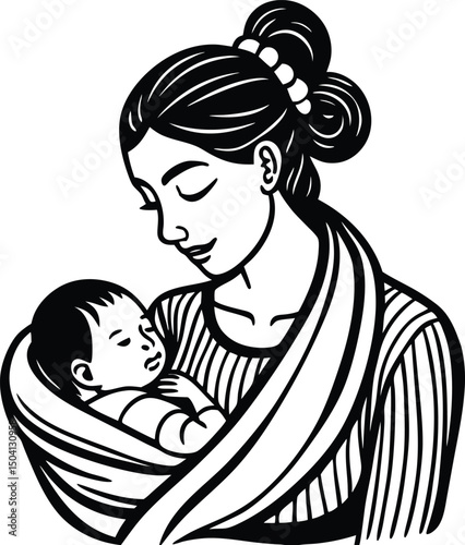 Black and white illustration of a mother tenderly holding her newborn baby in a wrap