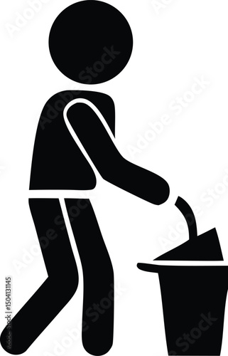 Simple pictogram of person throwing trash into a waste bin