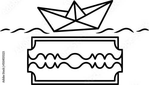 Silhouette of paper boat balancing on razor blade tip in minimal black line art, symbolizing fragility, danger, and delicate navigation on clean white background