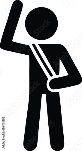 Simple pictogram of a person with a sling on their arm raising one hand