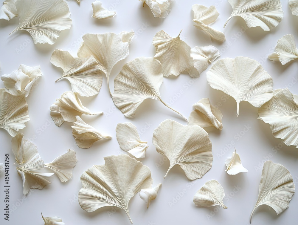 Delicate, light beige ginkgo leaves arranged on a white background. Delicate, light beige ginkgo leaves arranged on a white background.